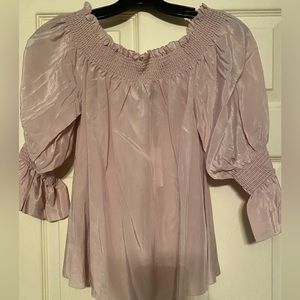 7 for All Mankind Smocked Silk/Cotton Off-the-Shoulder Top